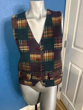 Vintage 90s On The Verge Wool Plaid Patchwork Vest M Made USA Academia